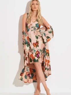Lounge-Wear|Exquisite Morgenmäntel^Chiara Fiorini LAST PIECE Viscose Morgenmantel FLOWERS rosa-grün von Größe 40