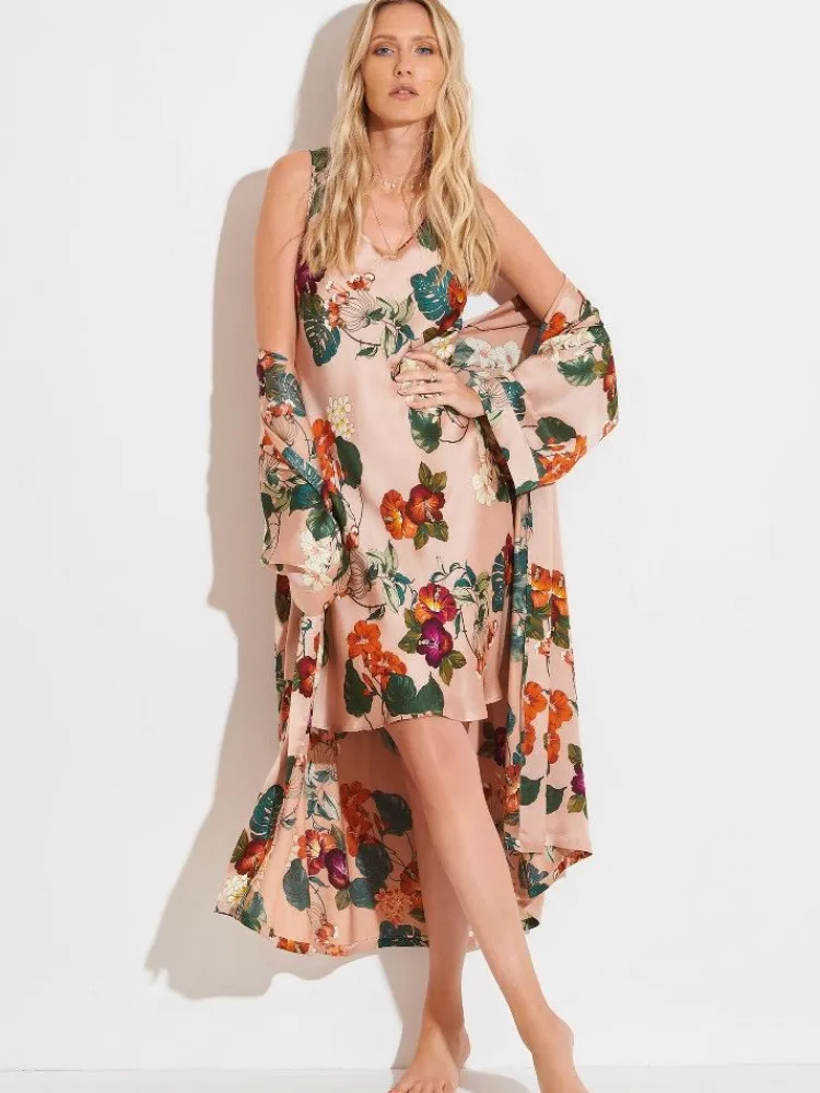 Lounge-Wear|Exquisite Morgenmäntel^Chiara Fiorini LAST PIECE Viscose Morgenmantel FLOWERS rosa-grün von Größe 40