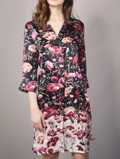 Seidennachthemd|Seide Sleepshirt^Eva B. Bitzer LAST SIZE 100% Seide Sleepshirt ROSES von Größe 46 schwarz mit rotem Druck