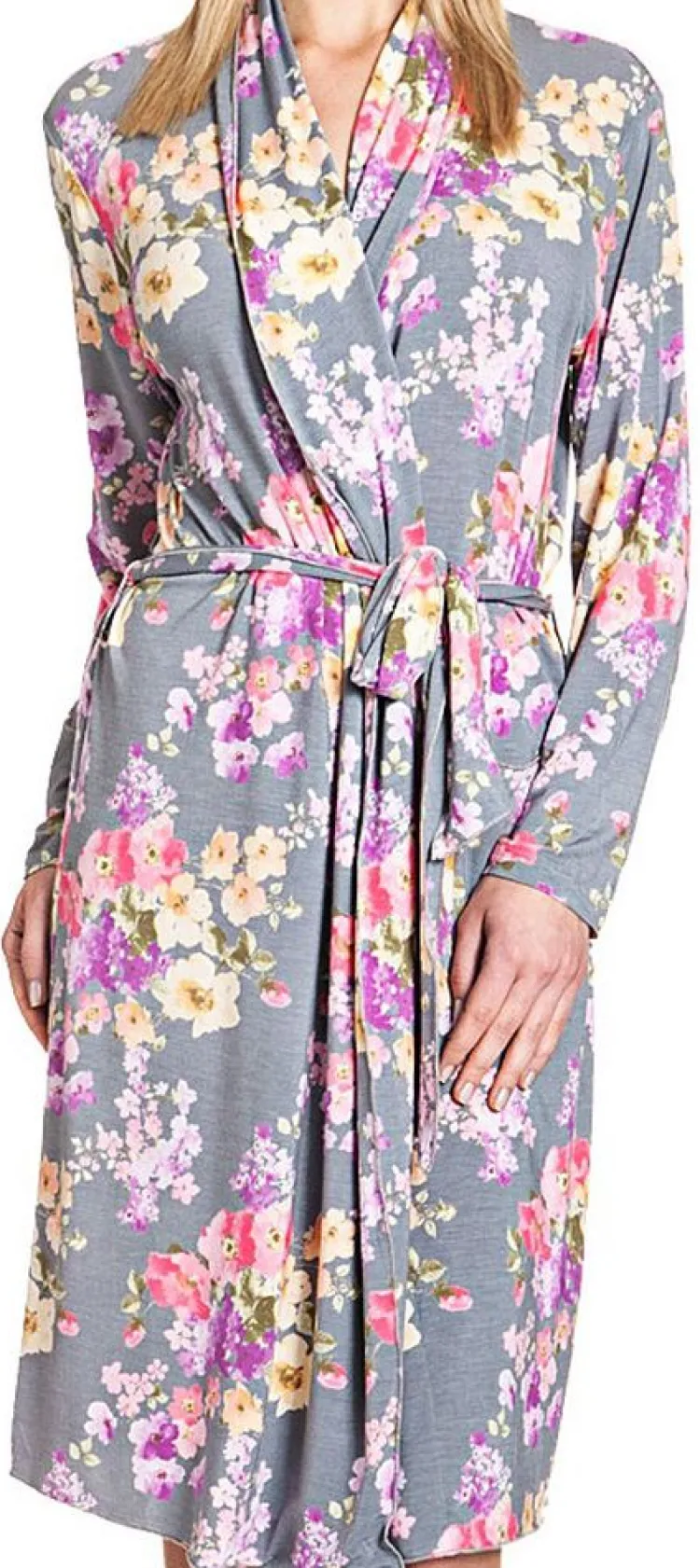 Bademantel|Lounge-Wear^Gattina LAST SIZE Modal Morgenmantel AMANPURI mit Blumendruck von Größe 38 anthrazit-grau mit rosa-flieder Blumendruck