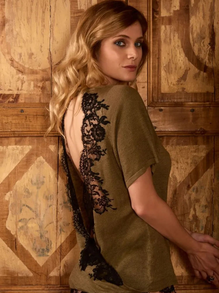 Kurzarm|Strickpullover^Marjolaine Leinen Pullover GLORIA bronze mit schwarz von bronze mit schwarzer Spitze