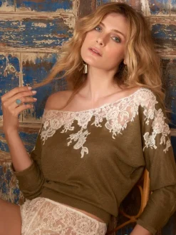 Strickpullover^Marjolaine Leinen Pullover GLORIA No. 2 Spitze von stahlgrau oder bronze mit Spitze