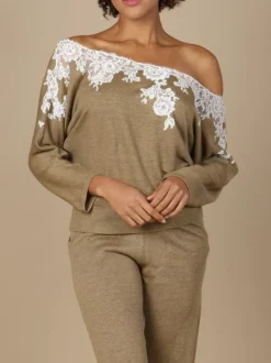 Strickpullover^Marjolaine Leinen Pullover GLORIA No. 2 Spitze von stahlgrau oder bronze mit Spitze