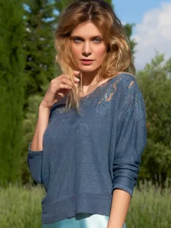 Strickpullover^Marjolaine Leinen Pullover GLORIA No. 2 mit Spitze von stahlgrau oder bronze mit Spitze