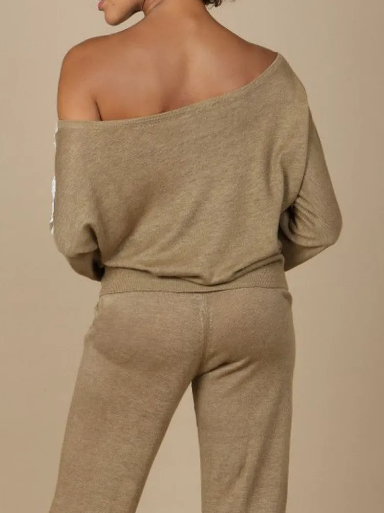 Strickpullover^Marjolaine Leinen Pullover GLORIA No. 2 mit Spitze von stahlgrau oder bronze mit Spitze