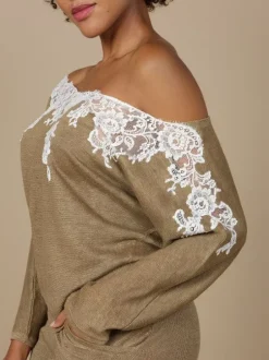 Strickpullover^Marjolaine Leinen Pullover GLORIA No. 2 mit Spitze von stahlgrau oder bronze mit Spitze