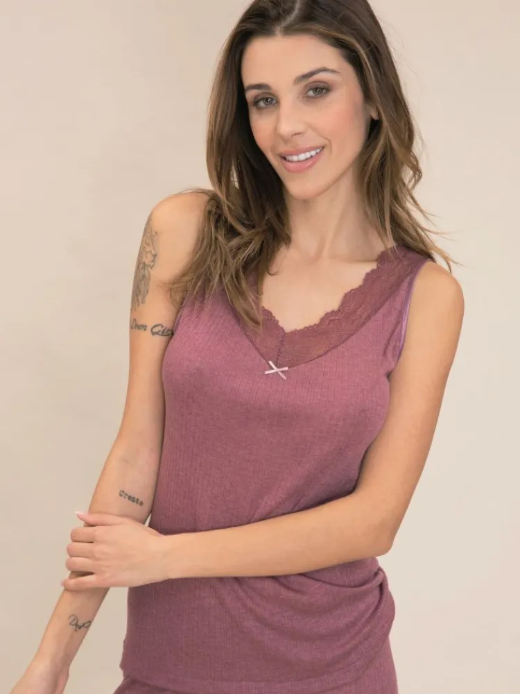 Tops Mit Spitze|Camisole (Breite Träger)^Madiva Lyocell Camisole Shirt Emma S/L mit Spitze von blau oder rosa