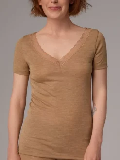 Wolle-Seide Tops|Tops Mit Spitze^comazo | earth Merino Seide T-SHIRT 2703 mit Spitze comazo|earth camel beige oder dunkelblau