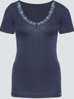 Wolle-Seide Tops|Tops Mit Spitze^comazo | earth Merino Seide T-SHIRT 2703 mit Spitze comazo|earth camel beige oder dunkelblau