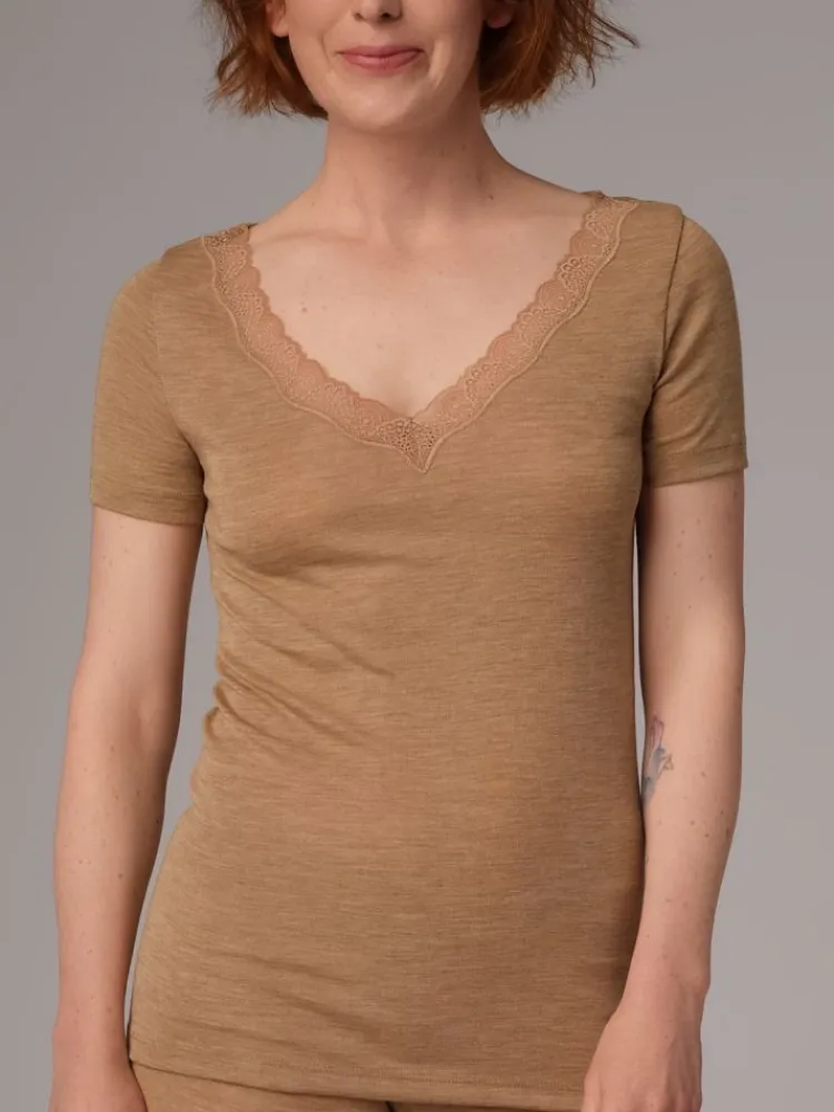 Wolle-Seide Tops|Tops Mit Spitze^comazo | earth Merino Seide T-SHIRT 2703 mit Spitze comazo|earth camel beige oder dunkelblau