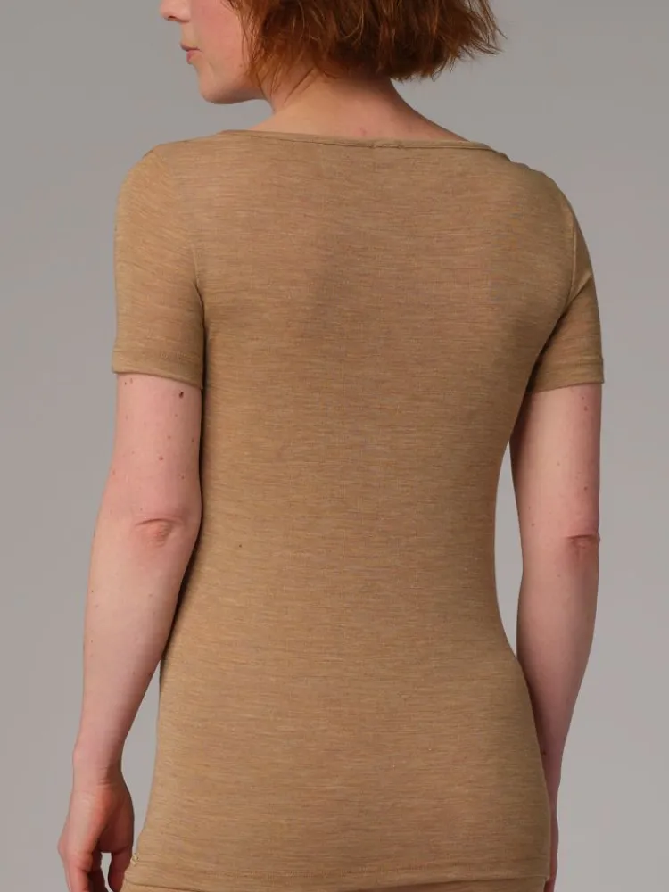 Wolle-Seide Tops|Tops Mit Spitze^comazo | earth Merino Seide T-SHIRT 2703 mit Spitze comazo|earth camel beige oder dunkelblau