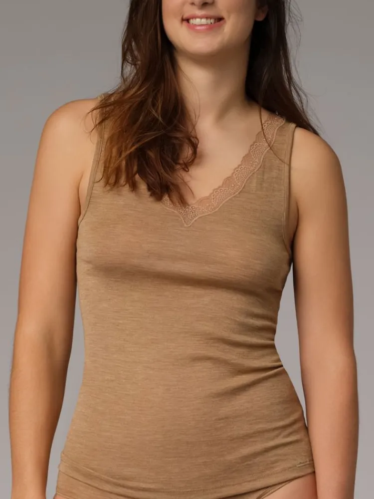 Wolle-Seide Tops|Tops Mit Spitze^comazo | earth Merino Seide Unterhemd 2703 mit breitem Träger comazo|earth camel beige oder dunkelblau