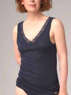 Wolle-Seide Tops|Tops Mit Spitze^comazo | earth Merino Seide Unterhemd 2703 mit breitem Träger comazo|earth camel beige oder dunkelblau