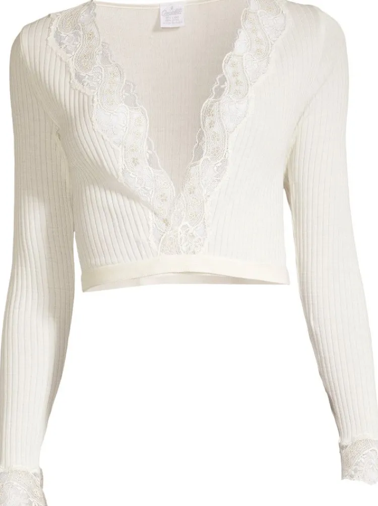 Lounge-Wear|Wolle-Seide Shirts^Oscalito Merino Wolle-Seide Bolero Jäckchen creme Calais Spitze von wollweiß mit beige