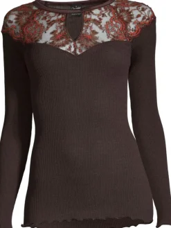 Shirt Mit Spitze|Wolle-Seide Shirts^Oscalito Merino Wolle-Seide LANGARMSHIRT gerippt mokka Calais Spitze von mokka braun mit rostrot