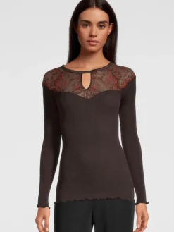 Shirt Mit Spitze|Wolle-Seide Shirts^Oscalito Merino Wolle-Seide LANGARMSHIRT gerippt mokka Calais Spitze von mokka braun mit rostrot