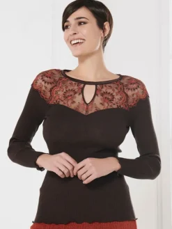 Shirt Mit Spitze|Wolle-Seide Shirts^Oscalito Merino Wolle-Seide LANGARMSHIRT gerippt mokka Calais Spitze von mokka braun mit rostrot