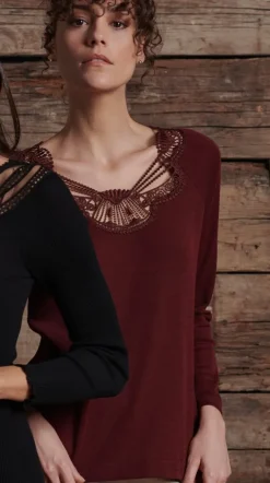 Shirt Mit Spitze|Wolle-Seide Shirts^Oscalito Merino Wolle-Seide LANGARMSHIRT bordeaux mit Makramee Spitze von bordeaux rot