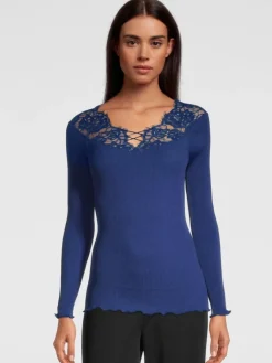 Shirt Mit Spitze|Wolle-Seide Shirts^Oscalito Merino Wolle-Seide LANGARMSHIRT gerippt blau Leavers Spitze von royalblau bluette