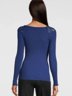 Shirt Mit Spitze|Wolle-Seide Shirts^Oscalito Merino Wolle-Seide LANGARMSHIRT gerippt blau Leavers Spitze von royalblau bluette