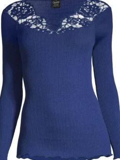 Shirt Mit Spitze|Wolle-Seide Shirts^Oscalito Merino Wolle-Seide LANGARMSHIRT gerippt blau Leavers Spitze von royalblau bluette