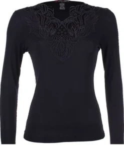 Shirt Mit Spitze|Wolle-Seide Shirts^Artimaglia Merinowolle Seide LANGARM SHIRT cognac-beige mit Makramee Spitze von cognac braun oder schwarz