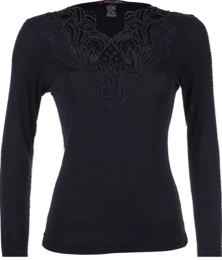 Shirt Mit Spitze|Wolle-Seide Shirts^Artimaglia Merinowolle Seide LANGARM SHIRT cognac-beige mit Makramee Spitze von cognac braun oder schwarz