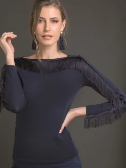 Wolle-Seide Shirts|Langarm^Artimaglia Merinowolle Seide LANGARM SHIRT blau mit Fransen von nachtblau