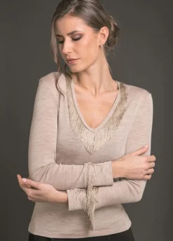Wolle-Seide Shirts|Langarm^Artimaglia Merinowolle Seide LANGARM V-SHIRT mit Fransen von beige oder schwarz