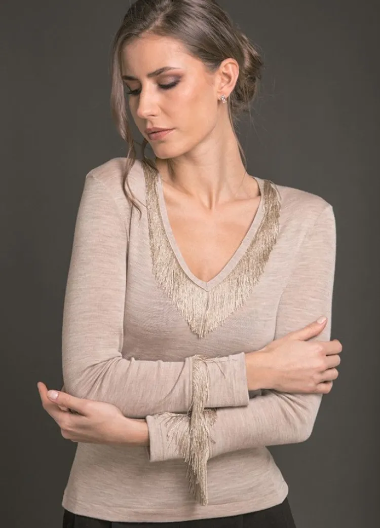 Wolle-Seide Shirts|Langarm^Artimaglia Merinowolle Seide LANGARM V-SHIRT mit Fransen von beige oder schwarz