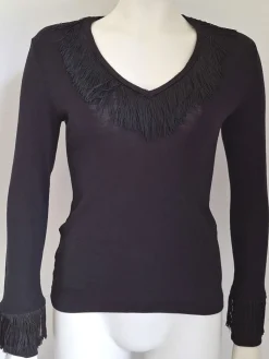 Wolle-Seide Shirts|Langarm^Artimaglia Merinowolle Seide LANGARM V-SHIRT mit Fransen von beige oder schwarz