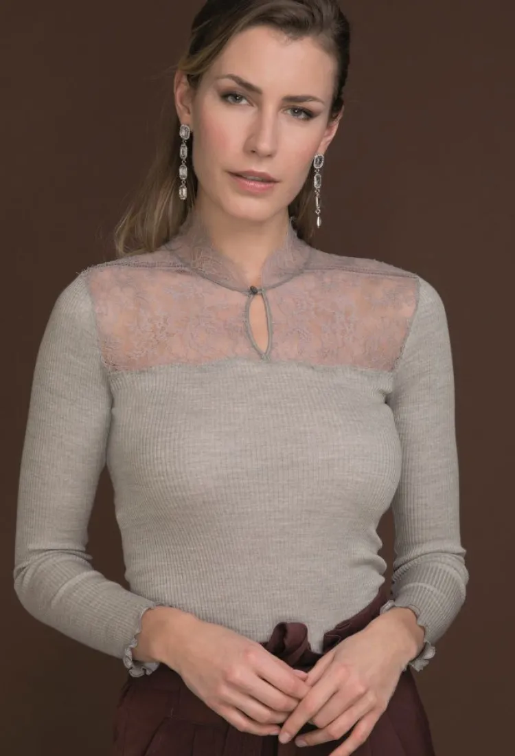 Shirt Mit Spitze|Wolle-Seide Shirts^Artimaglia Merinowolle Seide STEHKRAGEN SHIRT gerippt von