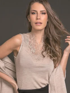 Wolle-Seide Tops|Tops Mit Spitze^Artimaglia Merinowolle Seide TOP mit Makramee Spitze von beige oder schwarz