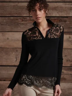 Shirt Mit Spitze|Wolle-Seide Shirts^Oscalito Merinowolle-Seide KRAGEN-SHIRT von schwarz