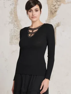 Shirt Mit Spitze|Wolle-Seide Shirts^Oscalito Merinowolle-Seide LANGARM SHIRT gerippt schwarz von schwarz mit silber Glitzer