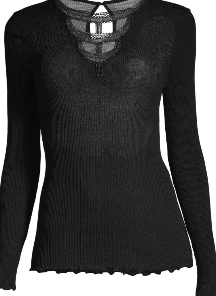 Shirt Mit Spitze|Wolle-Seide Shirts^Oscalito Merinowolle-Seide LANGARM SHIRT gerippt schwarz von schwarz mit silber Glitzer