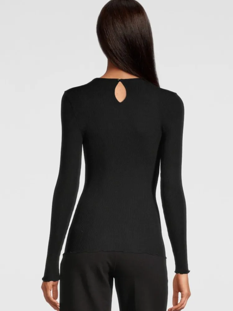 Shirt Mit Spitze|Wolle-Seide Shirts^Oscalito Merinowolle-Seide LANGARM SHIRT gerippt schwarz von schwarz mit silber Glitzer