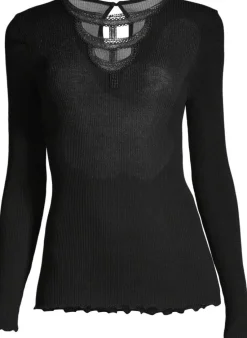 Shirt Mit Spitze|Wolle-Seide Shirts^Oscalito Merinowolle-Seide LANGARM SHIRT gerippt schwarz von schwarz mit silber Glitzer