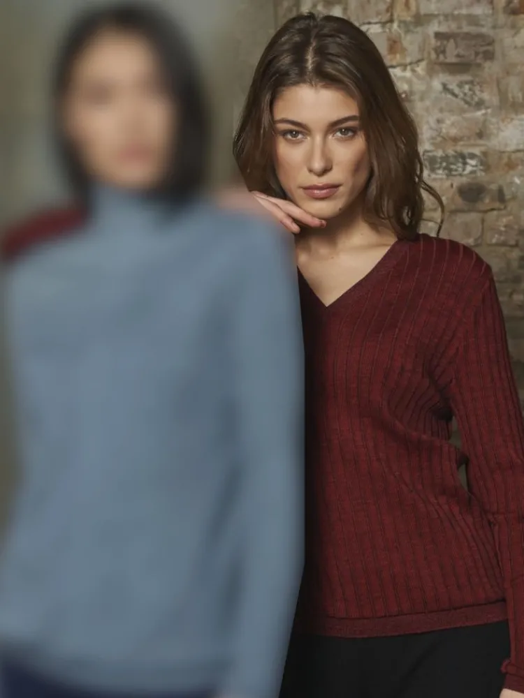 Wolle-Seide Shirts|Langarm^Oscalito Merinowolle-Seide LANGARM SHIRT breite Rippe von rot