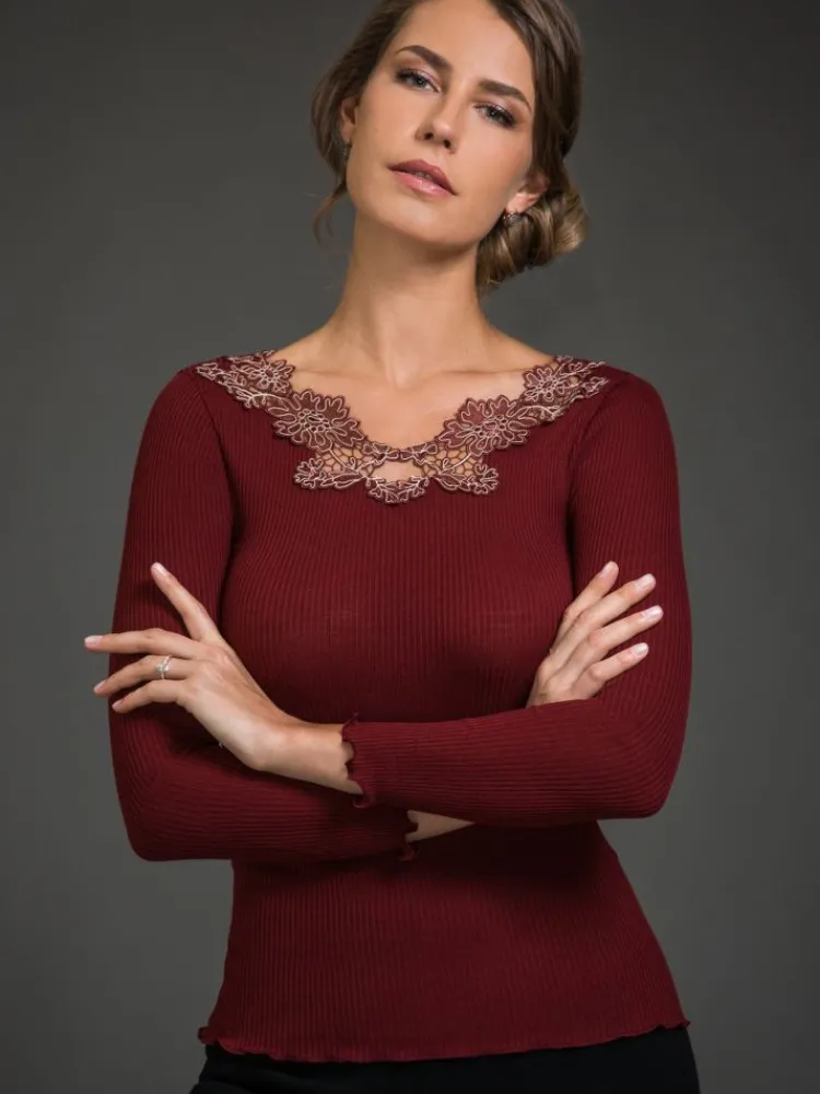 Shirt Mit Spitze|Wolle-Seide Shirts^Artimaglia Merinowolle-Seide LANGARM SHIRT gerippt von blau oder rot