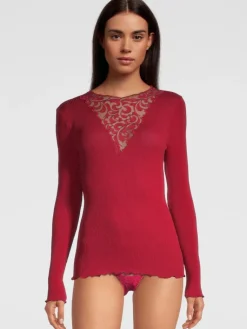 Shirt Mit Spitze|Wolle-Seide Shirts^Oscalito Merinowolle-Seide LANGARM SHIRT gerippt von rot