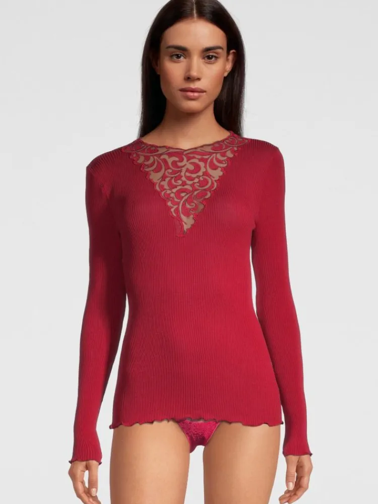 Shirt Mit Spitze|Wolle-Seide Shirts^Oscalito Merinowolle-Seide LANGARM SHIRT gerippt von rot