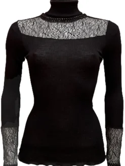 Shirt Mit Spitze|Wolle-Seide Shirts^Artimaglia Merinowolle-Seide ROLLKRAGEN SHIRT gerippt von schwarz oder beige