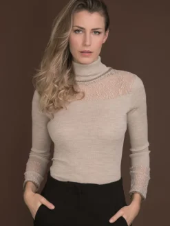 Shirt Mit Spitze|Wolle-Seide Shirts^Artimaglia Merinowolle-Seide ROLLKRAGEN SHIRT gerippt von schwarz oder beige