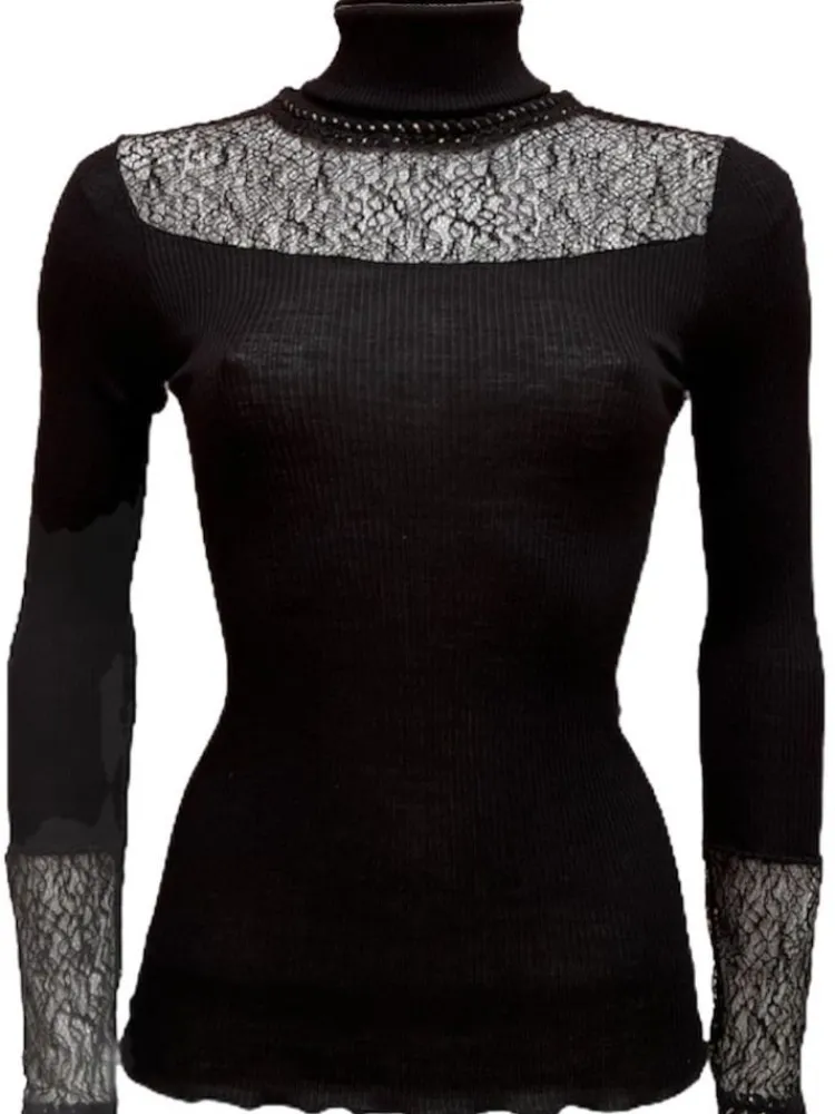 Shirt Mit Spitze|Wolle-Seide Shirts^Artimaglia Merinowolle-Seide ROLLKRAGEN SHIRT gerippt von schwarz oder beige