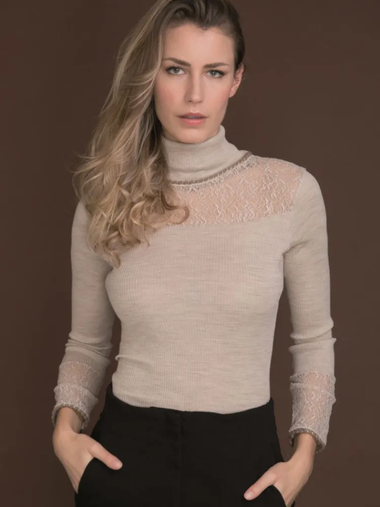 Shirt Mit Spitze|Wolle-Seide Shirts^Artimaglia Merinowolle-Seide ROLLKRAGEN SHIRT gerippt von schwarz oder beige