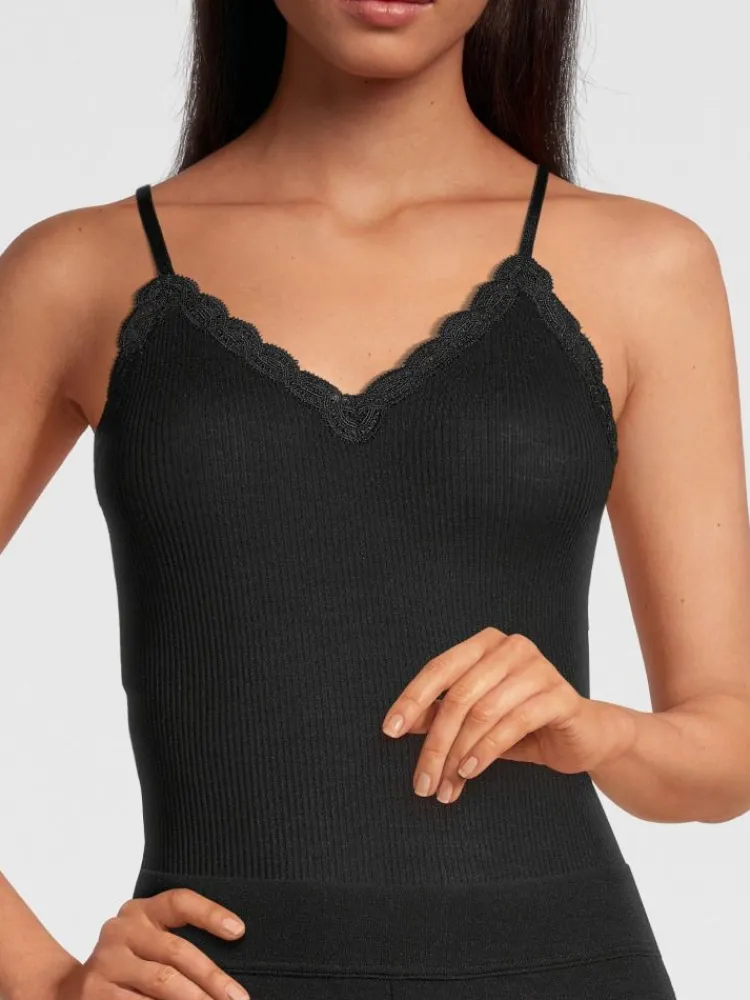 Wolle-Seide Tops|Tops Mit Spitze^Oscalito Merinowolle-Seide Spaghettiträger Unterhemd gerippt mit Calais Spitze von