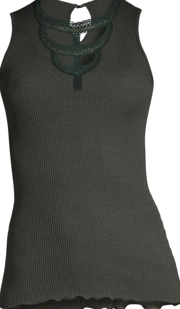 Wolle-Seide Tops|Tops Mit Spitze^Oscalito Merinowolle-Seide Trägertop mit Glitzer gerippt von moosgrün oder royalblau