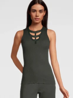 Wolle-Seide Tops|Tops Mit Spitze^Oscalito Merinowolle-Seide Trägertop mit Glitzer gerippt von moosgrün oder royalblau