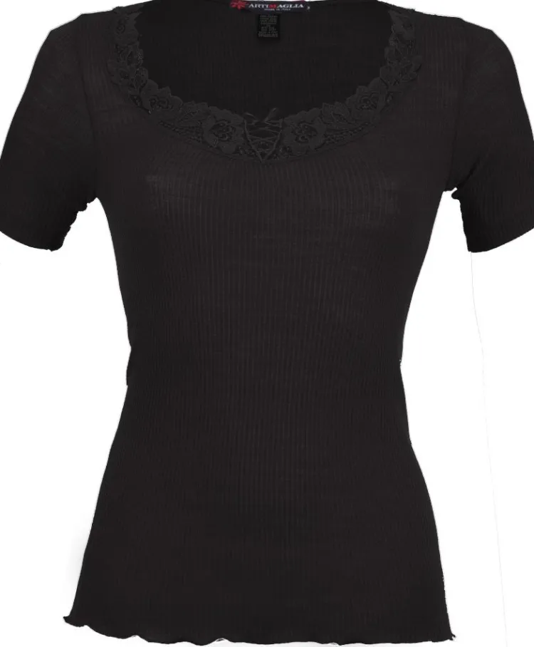 Wolle-Seide Tops|Tops Mit Spitze^Artimaglia Merinowolle-Seide T-SHIRT mit Spitze von schwarz oder beige